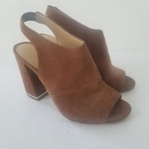Michael Kor Camel Suede Sling Back Stacked Heel Womens Booties Size 8.5